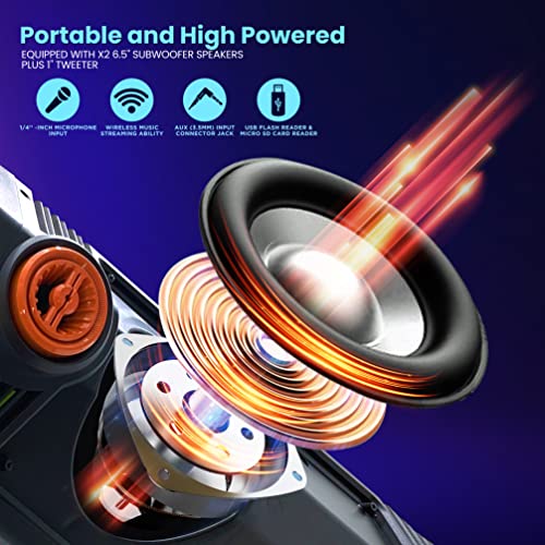 Pyle Portable Bluetooth PA Speaker - 300W Dual 6.5” Rechargeable Indoor/Outdoor BT Karaoke Audio System-Party Lights,LED Display,FM/AUX/MP3/USB/SD, 1/4" in, Handle, Wheels-Wireless Mic, Remote Control