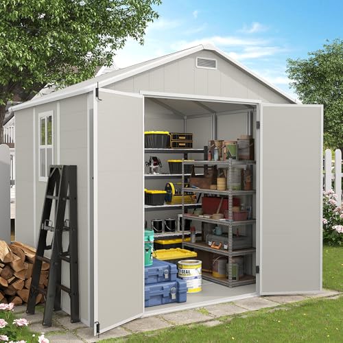 Outdoor Storage Shed, 6x6 FT Resin Shed with Floor and Lockable Door, Window, Vents, Tool Sheds and Outdoor Storage for Bike, Garden Accessories, Tools, Waterproof (Grey & White)