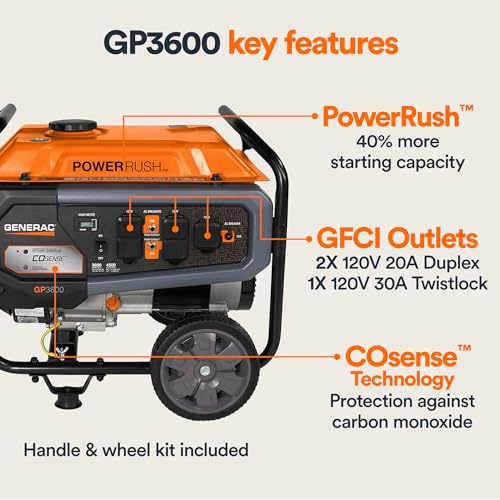Generac 8,000-Watt Gas-Powered Portable Generator - Electric Start with COsense - PowerRush Advanced Technology - Reliable Power for Emergencies, Recreation, Home - 49 State Compliant - Orange/Black