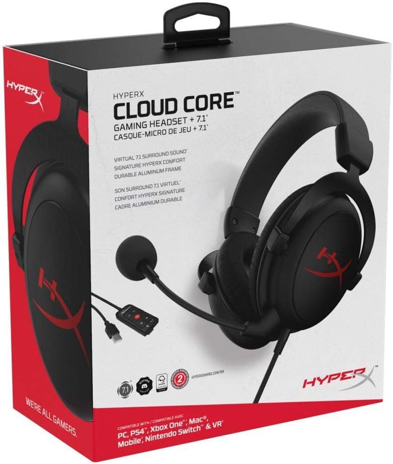 HyperX Cloud Core - Gaming Headset, for PC, 7.1 Surround Sound, Memory Foam Ear Pads, Durable Aluminum Frame, Detachable Noise Cancelling Microphone