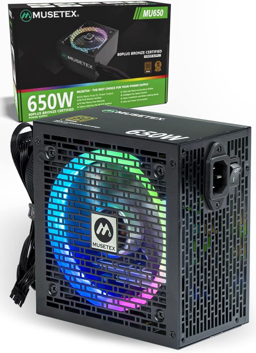 MUSETEX ATX PC Case with 6pcs 120mm ARGB Fans Bundle with CPU Fan & 650W Power Supply