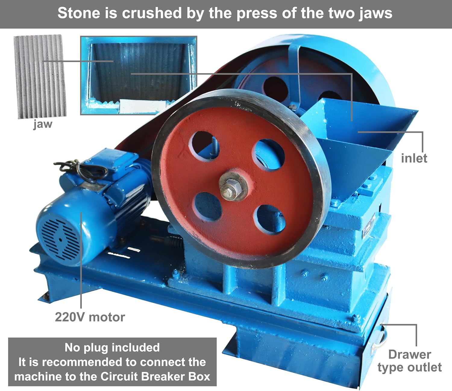 TECHTONGDA Jaw Grinding Machine Crusher for Stone Rock Concrete Grinder Electric Shatter Pulverizer 220V 2.2KW