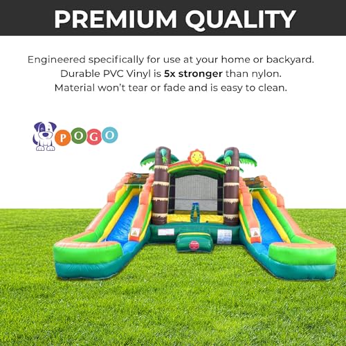 Pogo Bounce House Crossover Tropical Inflatable Bounce with Double Inflatable Water Slides for Kids, 16.5 x 15 x 11 Foot, Bouncy House, Commercial Outdoor Party Bouncer with Blower, Stakes, Bag