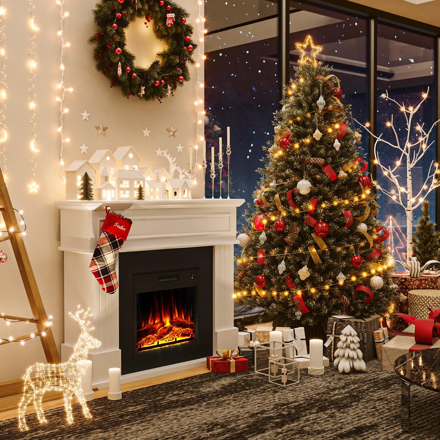 Electric Fireplace with 43" Mantel, 18 inchs Electric Fireplace Insert, Freestanding TV Stand with Fireplace Heater, Faux Log & Led Flames, 1500W Fireplace for Living Room