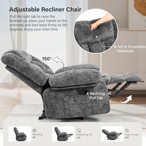 Recliner Chair for Adults with Massage and Heat, Breathable Fabric Reclining Chair with Side Pockets, Comfy Living Room Single Sofa Chair, Dark Grey