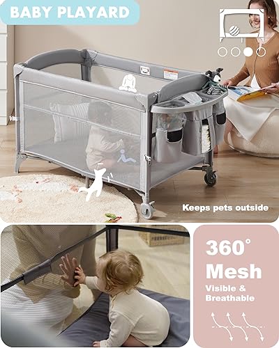 Baby 4 in 1 Bassinet Bedside Sleeper, 4 Functions Bedside Crib Sleeper, Playard, Changing Table, Baby Bassinet for Newborn Baby, Bedside Bassinet for Baby Portable Changing Table