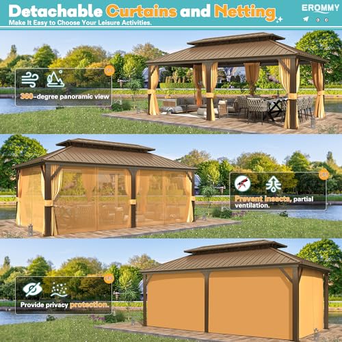 EROMMY 14'x20' Hardtop Gazebo Double Roof Galvanized Steel Canopy Outdoor Aluminum Frame Permanent Metal Pavilion with Netting and Curtains for Patio Backyard Deck and Lawns