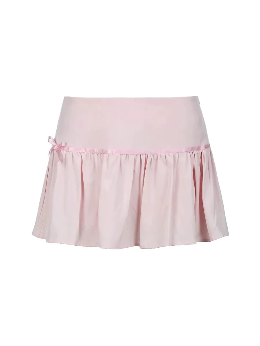 'Pink Rose' Coquette Ruffle Ribbon Pleated Skirt