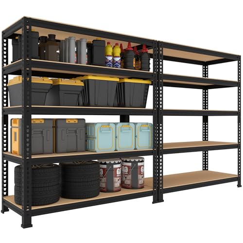 5 Tier Garage Storage Shelves - 32" W x 16" D x 63" H Adjustable Heavy Duty Metal Shelving Unit, Garage Shelving Utility Storage Rack for Basement, Pantry, Kitchen, Black, 2 PCS