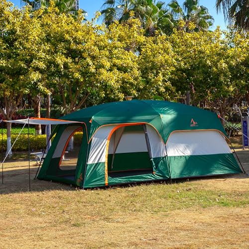 KTT Extra Large Tent 10-12-14 Person(Style-B),Family Cabin Tents,2 Rooms,3 Doors and 3 Windows with Mesh,Straight Wall,Waterproof,Double Layer,Big Tent for Outdoor,Picnic,Camping,Family Gathering