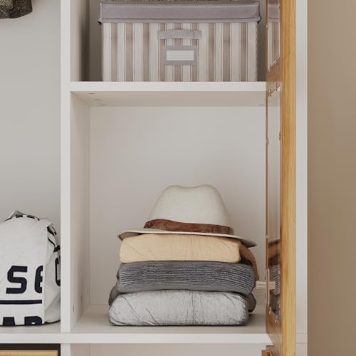 Large Armoire Wardrobe with 5 Wood Doors, 5 Closed Shelves, 1 Hanging Space, 1 Mirror, 2 Shoes Storage Space, 3 Drawers for Bedroom, White (45.7”W x 20.3”D x 75.7”H)