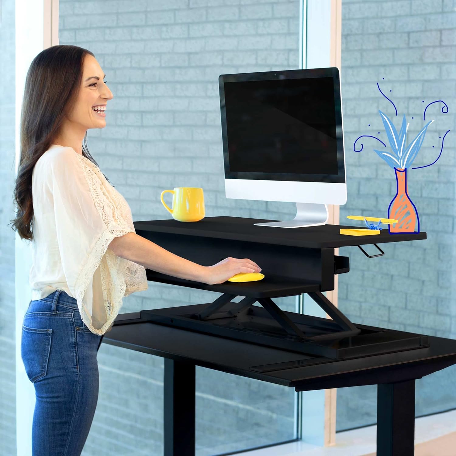 Stand Steady Flexpro Air | 36 Inch Premium Standing Desk Converter | Fully Assembled Sit to Stand Desk | Height Adjustable 2 Level Stand Up Desk Converter with Keyboard Shelf & Monitor Riser (Black)