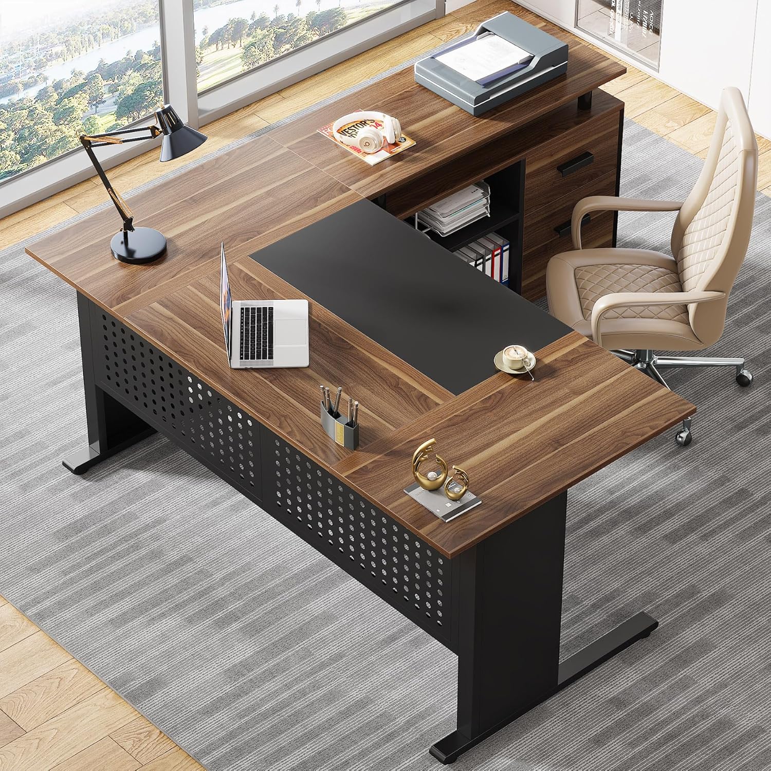 Large Computer Desk with File Cabinet, 63 Inch Executive Desk L Shaped Office Desk, Business Furniture Desk Workstation for Home Office, Brown and Black