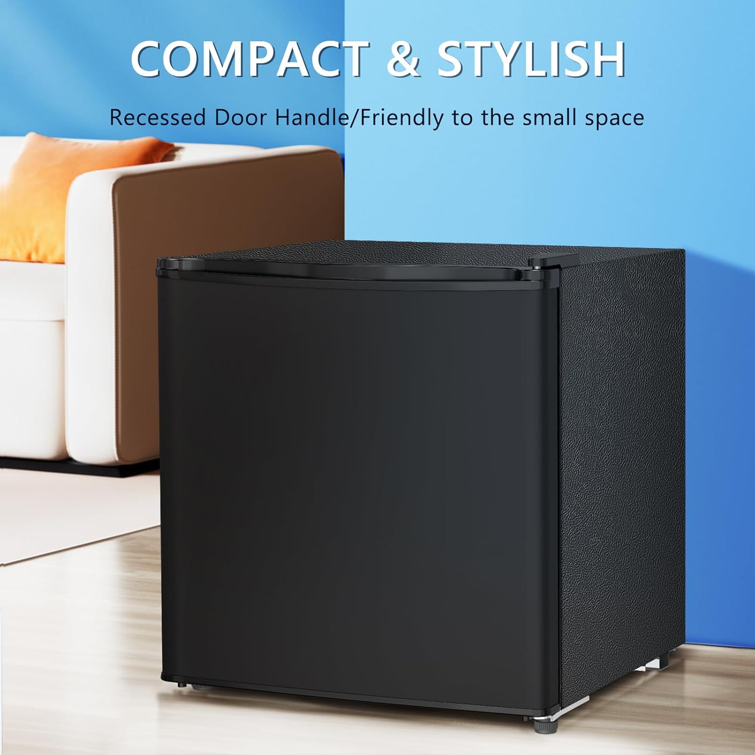 Antarctic Star Mini Fridge with Freezer, 1.4 Cu. Ft Compact Refrigerator, Dorm Fridge, Single Reversible Door, Removable Glass Shelf, Defrost Button, for Bedroom, Office, Black