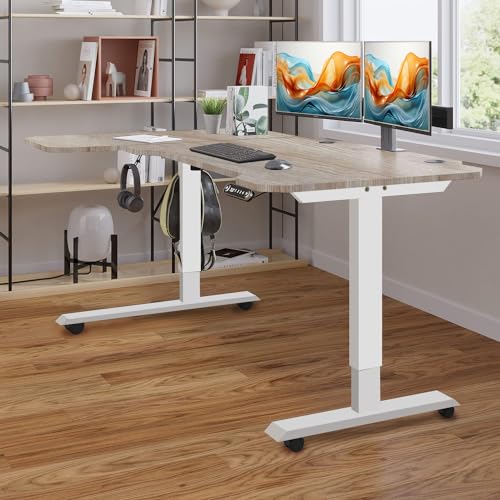 Adjustable Height L-Shaped Electric 59 Inch Sit-Stand Computer Desk with 3 Splice Boards, Lockable Casters-Ideal for Home Office, 59Inch, Rustic Brown