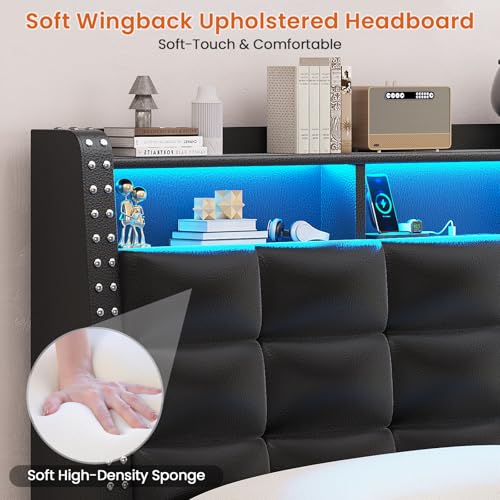 SEDETA Full Size Bed Frame with Headboard & 4 Drawers, LED Bed Frame with Charging Station, Upholstered Bed with Storage Headboard, No Box Spring Needed, Easy Assembly, Grey