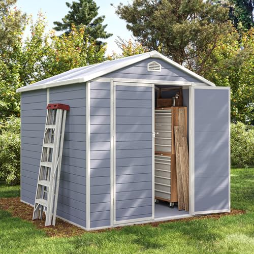 Aoxun 6 x 8 FT Outdoor Storage Shed with Window, Resin Shed with Floor & Lockable Doors, Garden Shed Waterproof Plastic Tool Shed with Sloped Roof for Backyard, Garden, Patio, Lawn, Grey