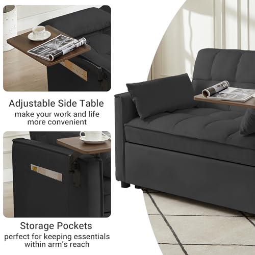 3 in 1 Convertible Sleeper Sofa Bed Pull Out Couch Futon Loveseat Velvet Chaise Lounge with 2 Pockets and 2 Pillows for Living Room, Black