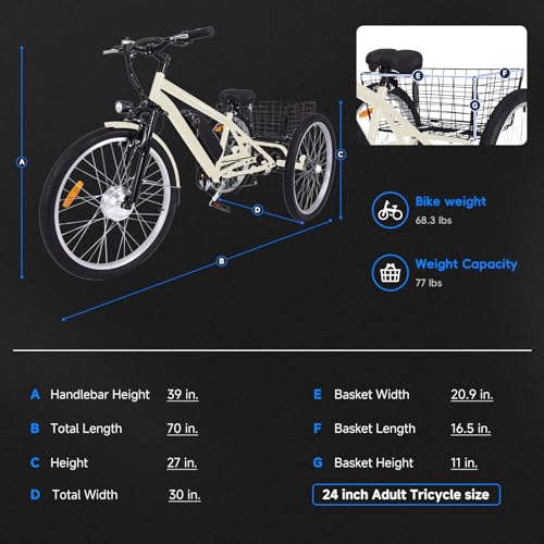 Electric Tricycle for Adults 24"&26" 3 Wheel Mountain Electric Bicycle with Basket, 350W Powerful Motor, 36V Detachable Battery, 7 Speed Fat Tires Electric Trike