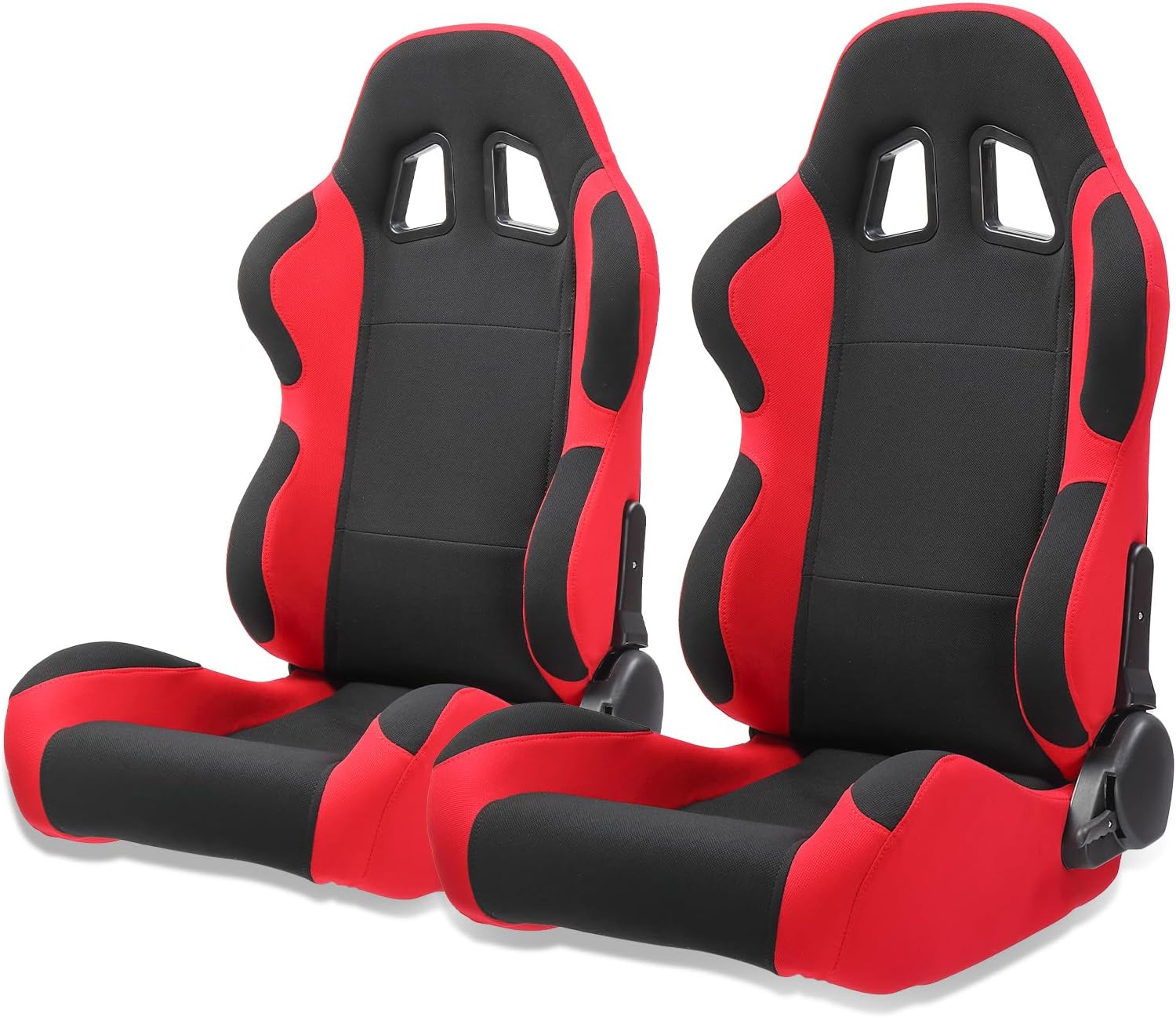 AutoForever 2Pcs Universal Fully Reclinable Nylon Racing Seats Double Slide Black and Red, With seat slide