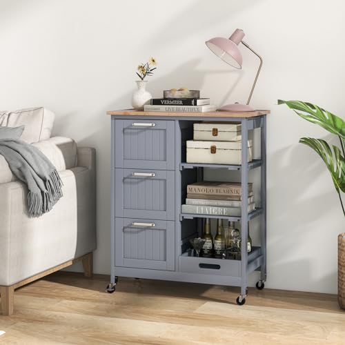 Kitchen Island, Rolling Storage Cart with Drawers & Removable Tray, Wood Storage Cart on Wheels with Countertop & 3 Tier Shelves, Modern Island Table for Kitchen, Dining Room
