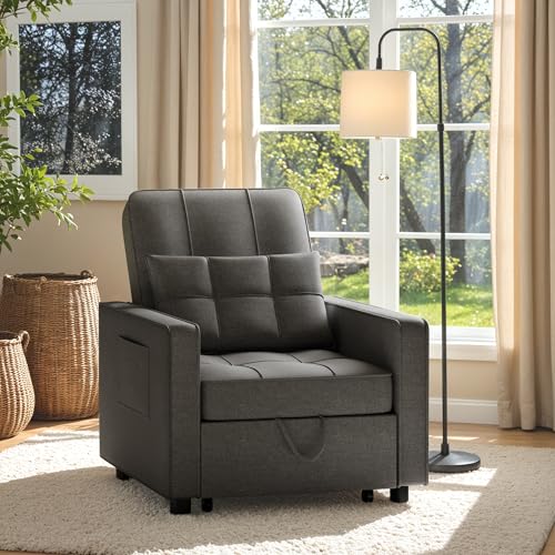 Flamaker Sofa Bed, Sleeper Sofa 3-in-1, Adjustable Couch Bed with Modern Linen Fabric, Convertible Sleeper Chair for Living Room, Apartment and Small Space (Dark Grey)