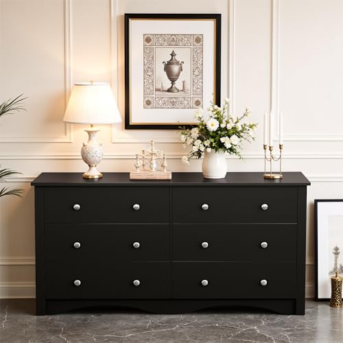 JUMMICO Dresser for Bedroom, 6 Wood Dresser Drawers, Wide Chest of Drawers, Storage Tower Unit, Modern Design for Bedroom, Living Room, Hallway, Entryway (Dark Brown)