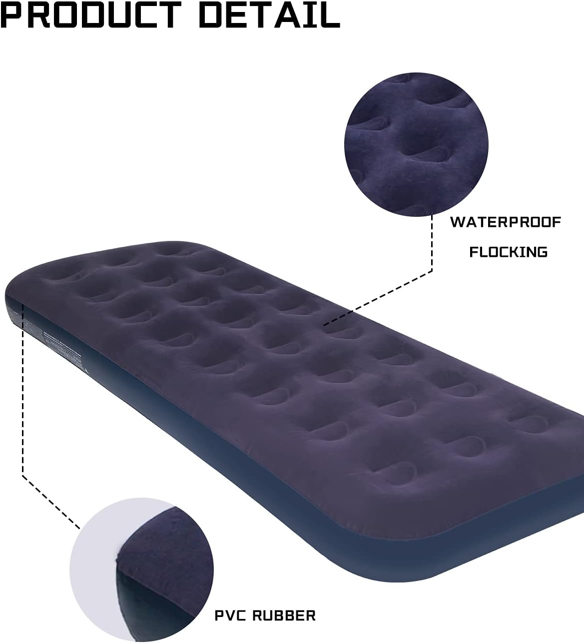 Single Size Air Mattress for Inflatable - Portable Blue Blow Up Mattresses with Flocked top - Foldable Air Bed for Tent Camping Home Travel Backpacking