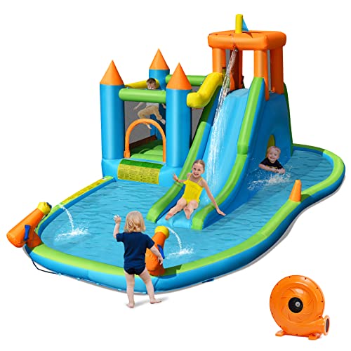 HONEY JOY Inflatable Water Slide, 19x17FT Large Water Park w/Dual Long Slides & Climbing Walls, 2 Soccer Gates & Canons, Giant Splash Pool, Blow up Water Slides Inflatables for Big Kids, 950w Blower