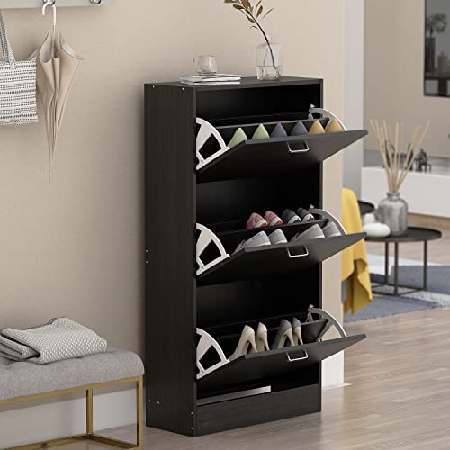 Homsee Modern Shoe Storage Cabinet with 3 Flip Drawers, Wood 3-Tier Shoe Rack Storage Organizer for Entryway, Hallway & Bedroom, Black-Brown (23.6”L x 9.4”W x 45.5”H)