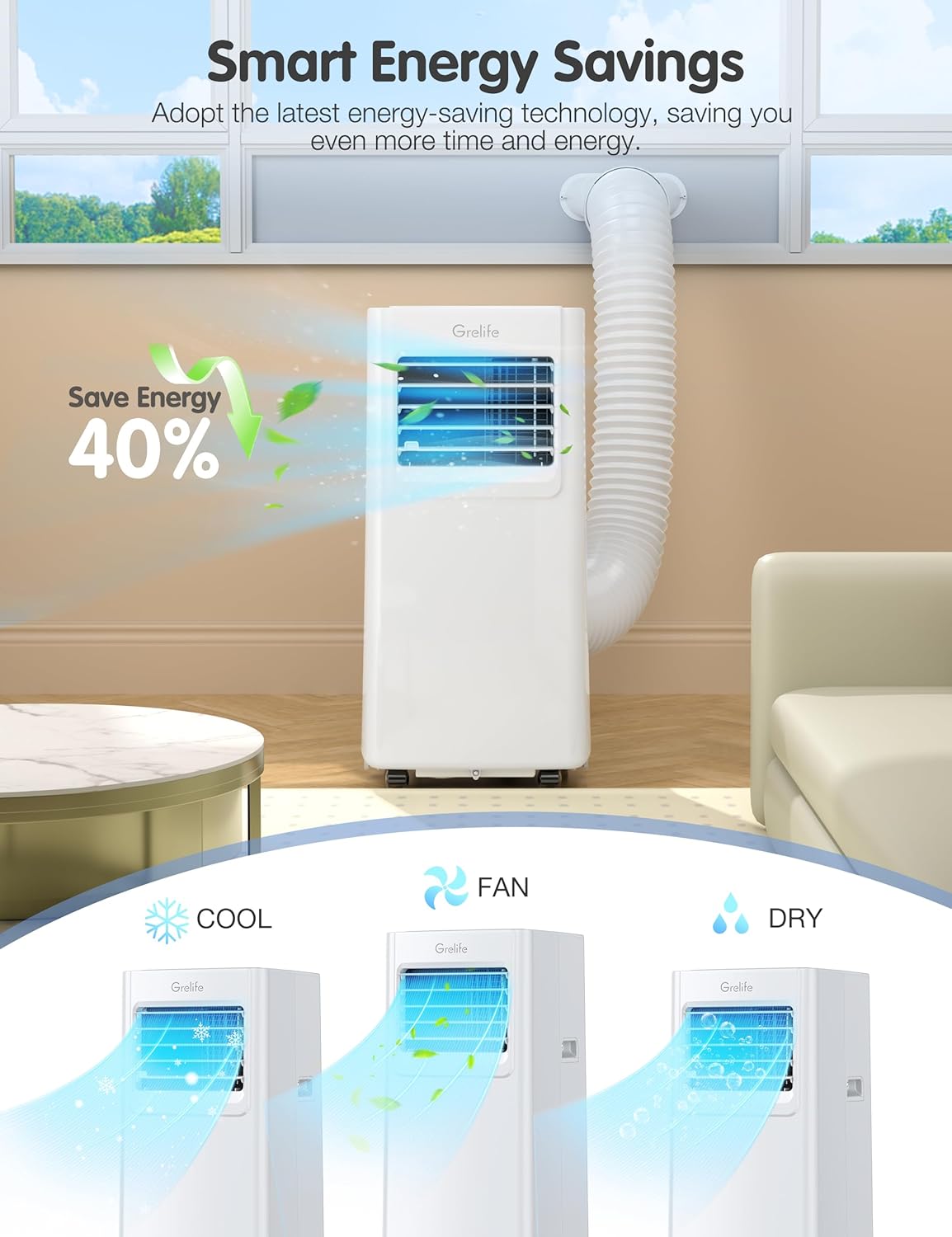 Grelife Portable Air Conditioner, 8000 BTU Air Conditioner Portable for Room Up to 350 Sq.Ft, 24H Timer, Sleep Mode, 3-in-1 Quiet AC Unit with Remote Control & Digital Display, Window Kit Included
