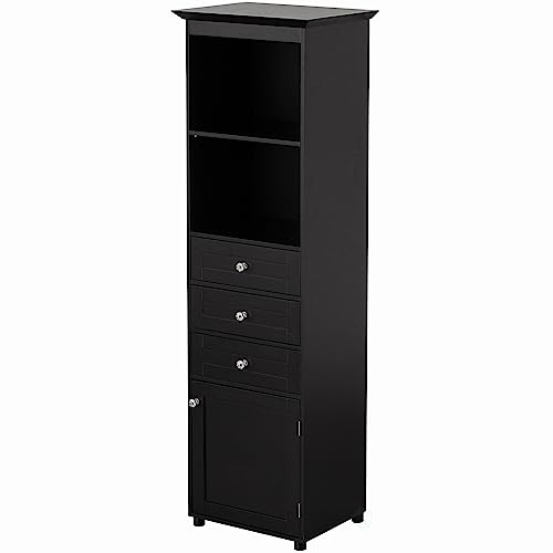 Tall Freestanding Storage Organizer Linen Tower, Vanity, Bathroom Cabinet with 2 Open Shelves, 3 Drawers, and a Closet, Black