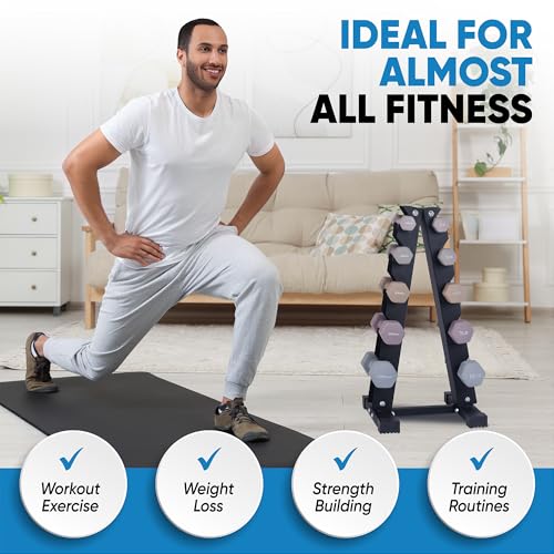 Dumbbell Set with Rack - Neoprene Coated Weights with Stand - Hex Color Coded Dumbell Pairs 1-20 LBs