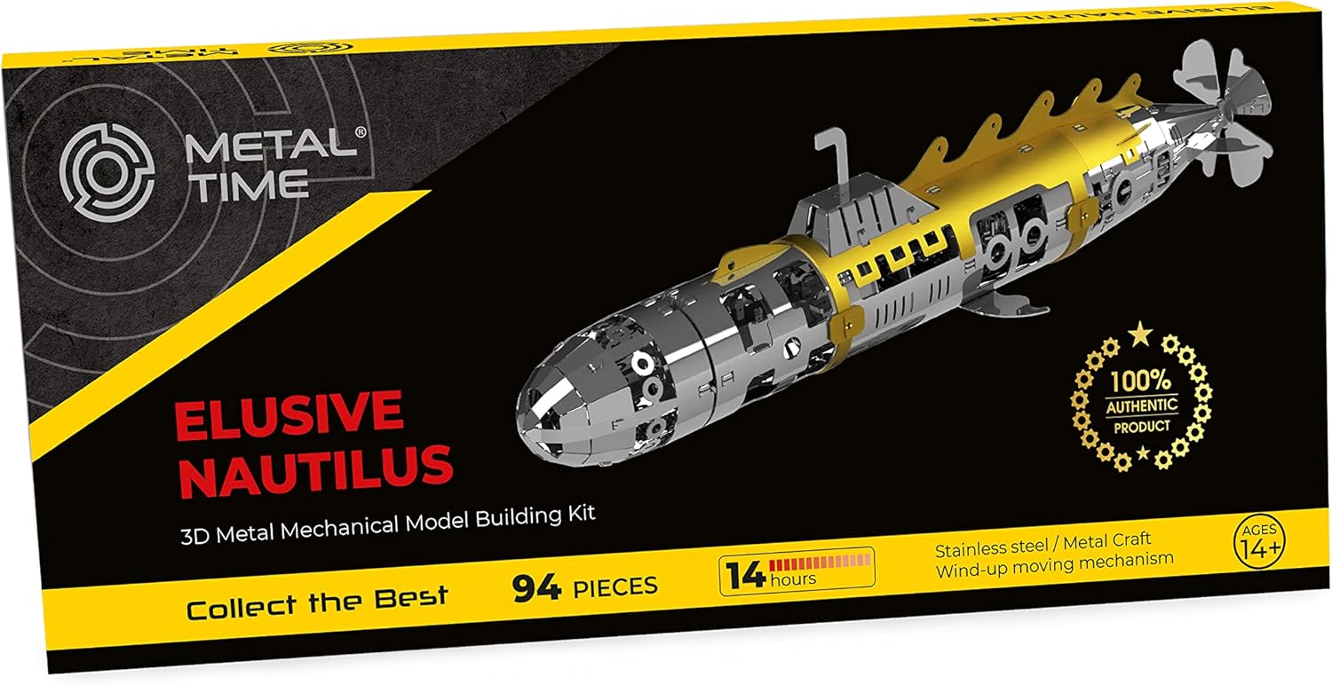 METAL-TIME Elusive Nautilus Submarine 3D Metal Mechanical Model Building Kit | Unique Wind-Up Moving Mechanism | Assemble Disassemble Stainless Steel Puzzle - 91 Pieces Pack of 2