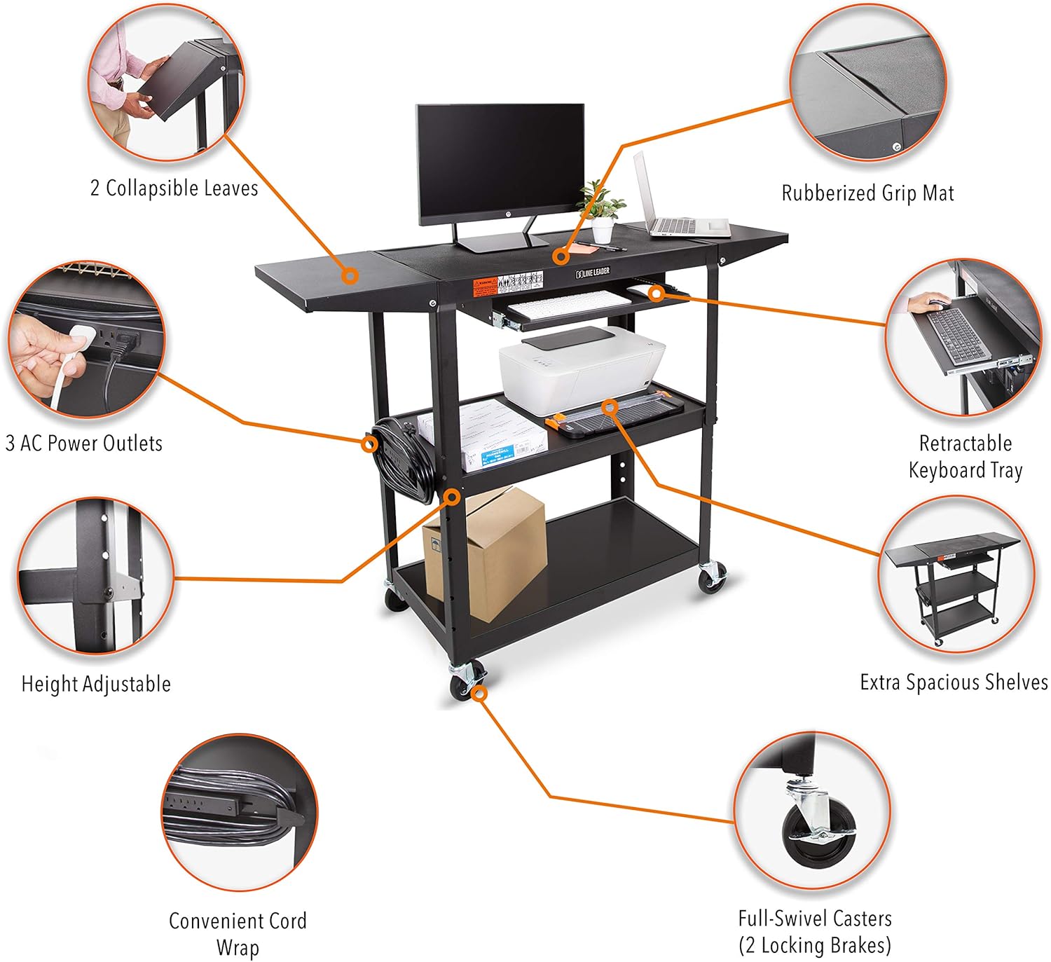Line Leader Large AV Cart with Drop Leaves | Height Adjustable Utility Cart | Includes Pullout Keyboard Tray & Cord Management | Easy Assembly (54in x 18in x 42in / Black)