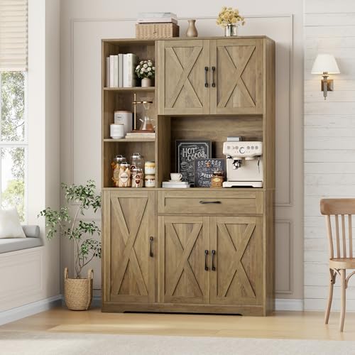 HOSTACK 71" Tall Kitchen Pantry Storage Cabinet, Farmhouse Food Pantry Cabinet with Microwave Stand, Barn Doors Kitchen Hutch with Large Drawer and Shelves for Dining Room, Ash Grey