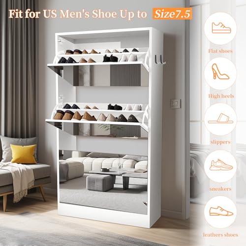 Mirror Shoe Storage Cabinet for Entryway, Narrow Shoe Cabinet Organizer with 3 Tiers, Slim Free Standing Hidden Shoe Cabinet with 3 Flip Drawers for Front Door Entrance, Closet（White）