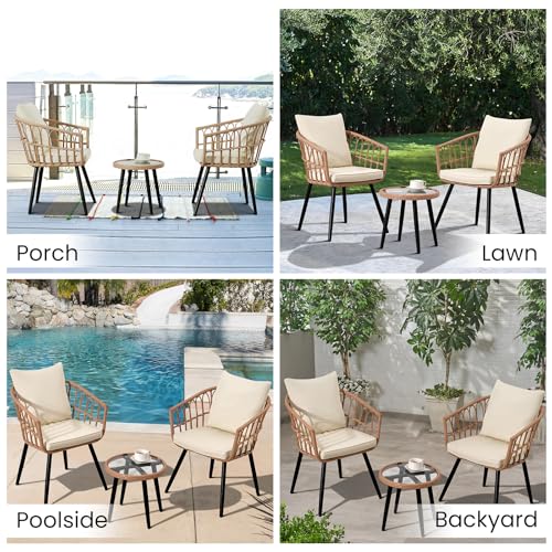 3 Pieces Patio Bistro Set, Outdoor Wicker Table and Chairs Set of 2, Rattan Balcony Furniture Set with Cushions for Front Porch Apartment Backyard Deck,Beige