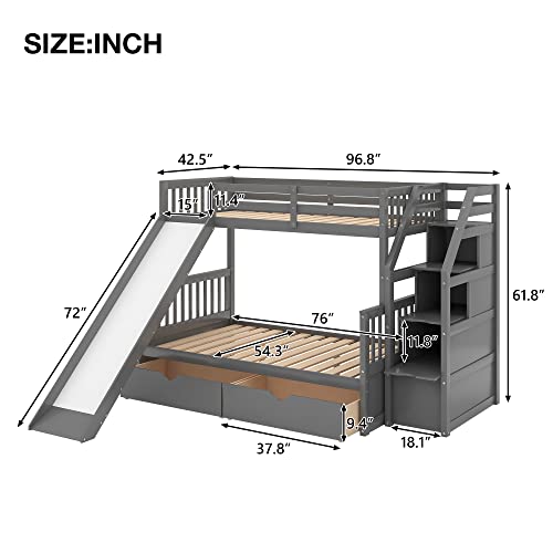 Harper & Bright Designs Twin Over Full Bunk Bed with Stairs and Slide, Multifunction Wood Bunk Bed with Storage Drawers, Gray
