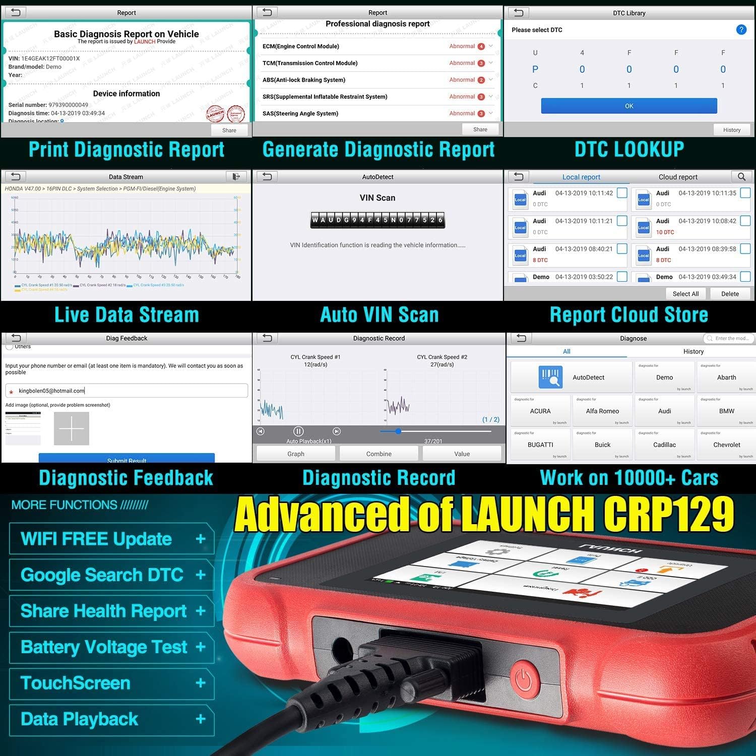 LAUNCH OBD2 Scanner-2022 New CRP129E Scan Tool TCM ENG ABS SRS Code Reader, Oil/EPB/TPMS/SAS/Throttle Reset Diagnostic Tool,AutoVIN,Free Lifetime Update,Upgraded of CRP123,CRP123E
