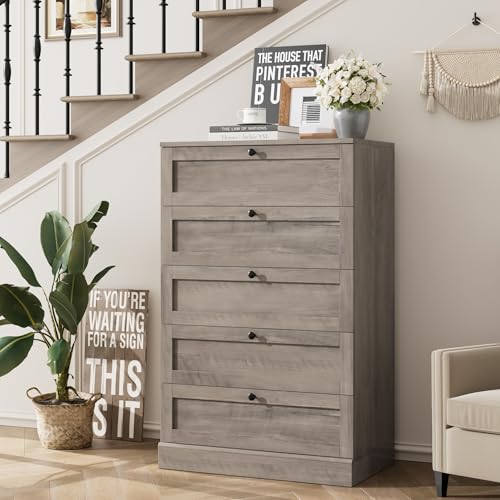 HOSTACK 5 Drawer Dresser for Bedroom, 43.7" Tall Dresser & Chest of Drawers, 29" W Drawer Chest with Metal Handles, Wood Vertical Dresser Storage Cabinet for Living Room, Hallway, Entryway, Ash Grey