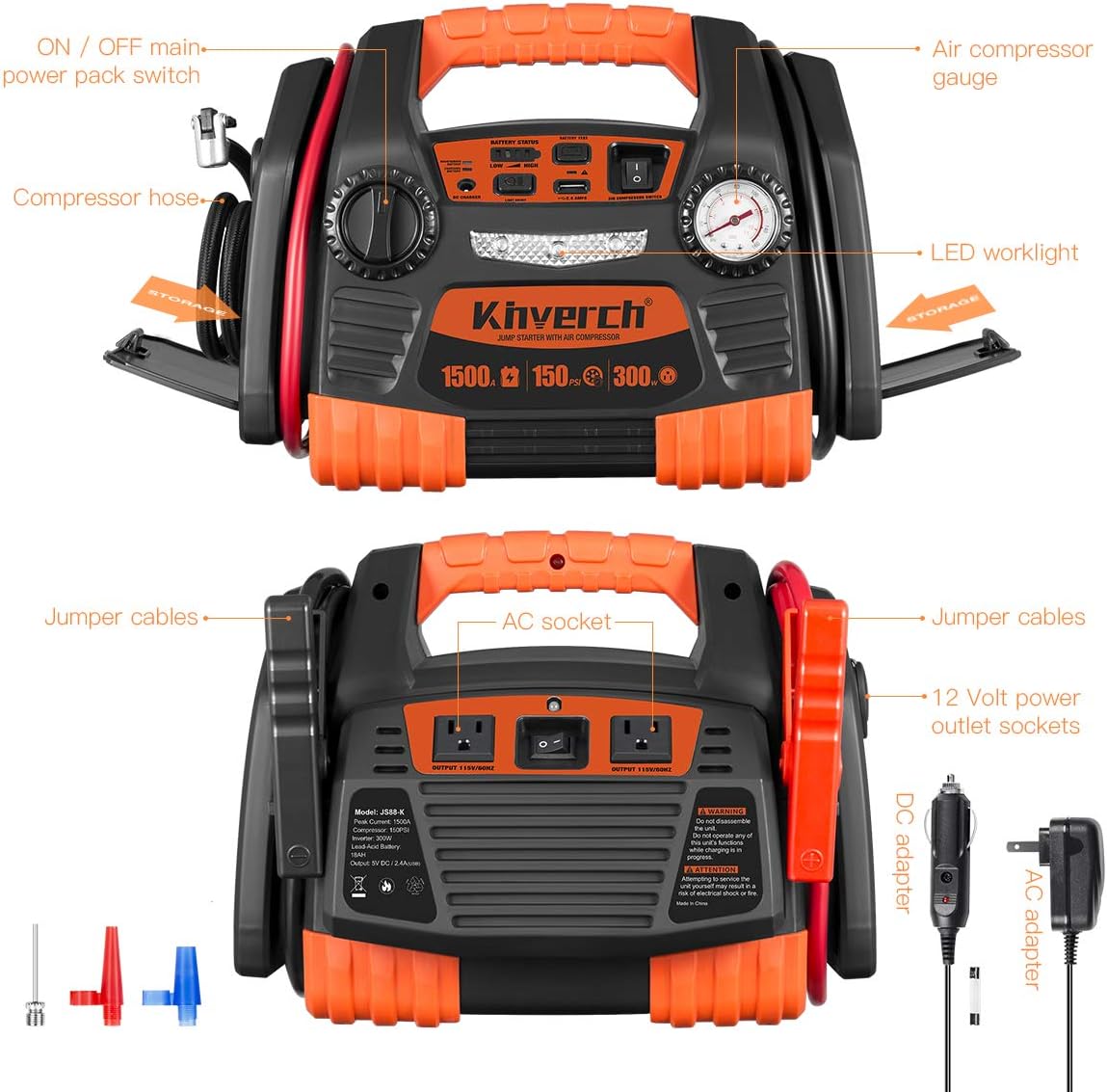 Kinverch Portable Car Jump Starter 1000 Peak Amp 12-Volt with 1-USB 1-12V Power Ports & 150 PSI Air Compressor