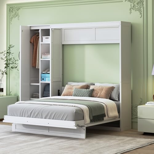 Harper & Bright Designs Queen Size Murphy Bed Wall Bed with Storage Shelves, Wardrobe and LED Lights, Space-Saving for Multipurpose Guest Room or Home Office, Gray