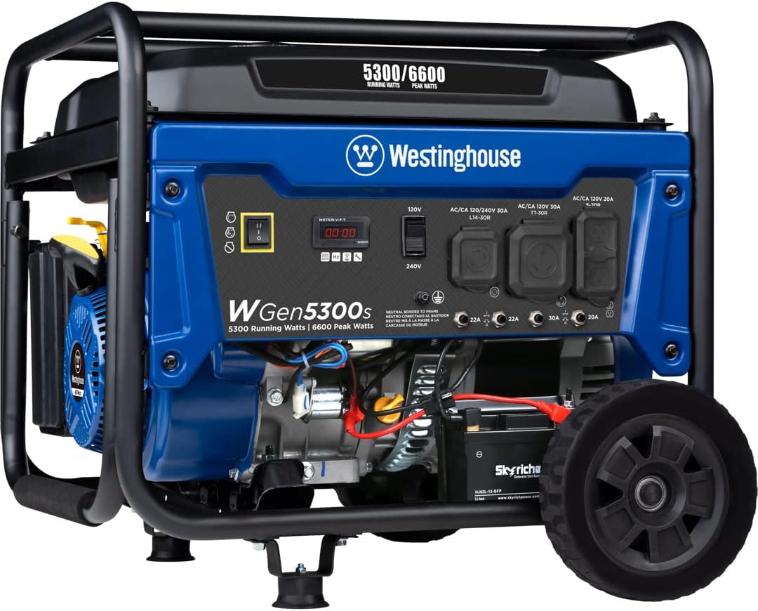 Westinghouse Outdoor Power Equipment WGen7500 Portable Generator with Remote Electric Start 7500 Rated Watts & 9500 Peak Watts, Gas Powered, CARB Compliant, Transfer Switch Ready