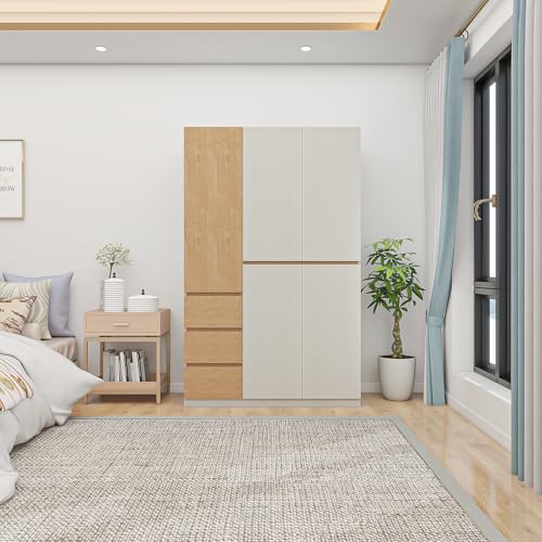 4-Door armoire wardrobe closet, White Wood Bedroom Armoire with Hanging Rod and Quadruple Doors, Closet Organizers and Storage, 63"x20.5"x74".