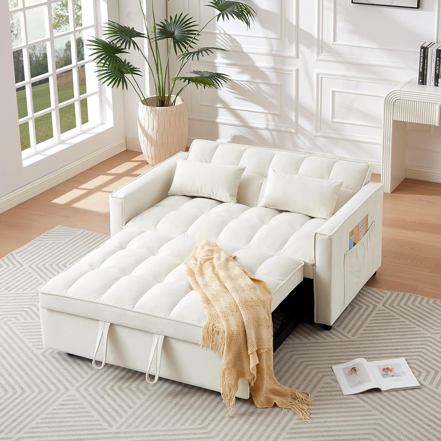 55" Convertible Loveseat Sleeper Sofa Couch Modern Velvet 2 Seater Sofa with Adjustable Backrest & Side Pocket, w/Lumbar Pillows and with Pull-Out Bed for Small Space Living Room Apartment(Ivory)
