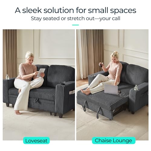 LINSY HOME Sectional Sleeper Sofa with Pull Out Couch Bed Convertible Plush Corduroy Cloud Couch with Storage Chaise & USB Charging, Comfy L Shaped Modular Couches for Living Room Apartment (Grey)