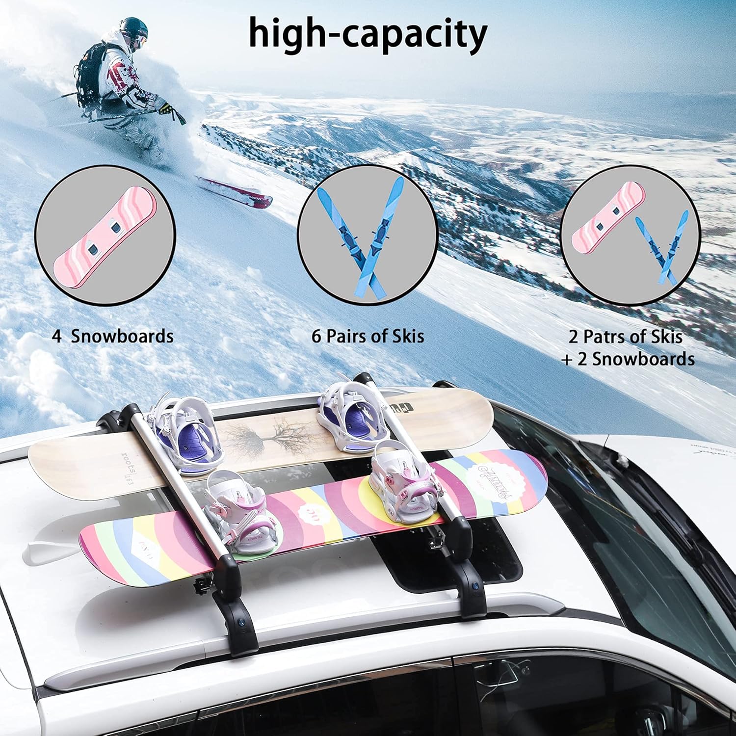 GPT RACK 33'' Ski & Snowboard Racks, Aluminum Universal Ski Roof Rack Fits for 6 Pairs of Skis Or 4 Snowboards, Ski Roof Carrier Fits for Most Vehicles Equipped Crossbars