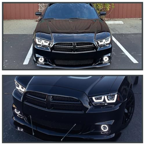 SPEC-D TUNING Chrome LED Dual Halo Projector Headlights Compatible with 2011-2014 Dodge Charger, Left + Right Pair Headlamps Assembly
