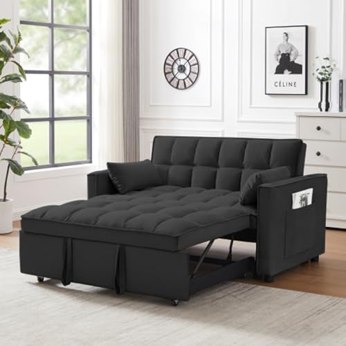 3 in 1 Convertible Sleeper Sofa Bed,Sectional Couches,Loveseat Sofa,Futon Sofa Couch Pullout Bed,Reclining Backrest,Fabric Furnitur,have Toss Pillows,Pockets,Pink
